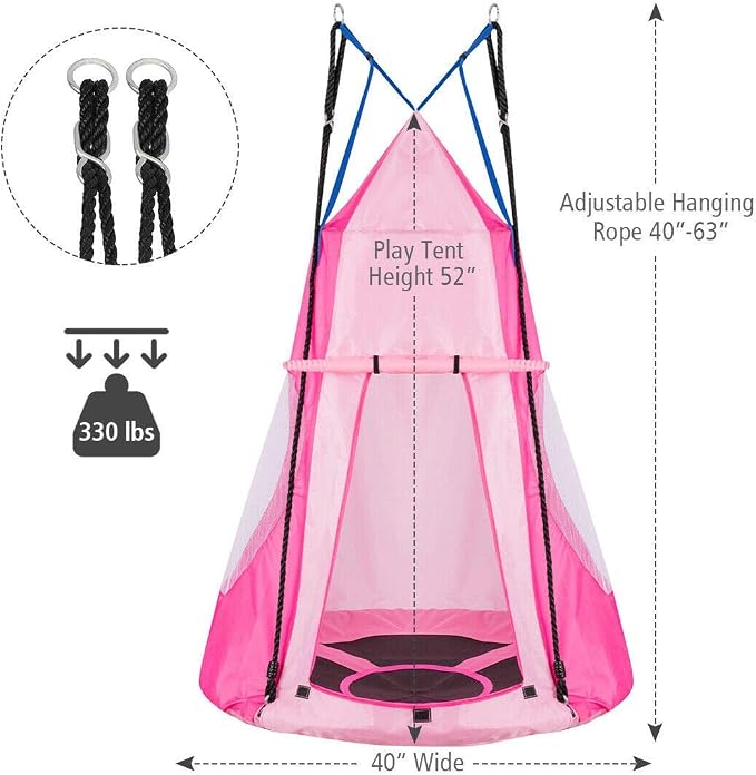 Costzon 2 in 1 Kids Detachable Hanging Chair Swing Tent Set, Hammock Nest Pod Hanging Swing Seat for Boys/Girls, Children Outdoor Indoor Swing Play House with Play Tent, Max Capacity 330 LBS (Pink)