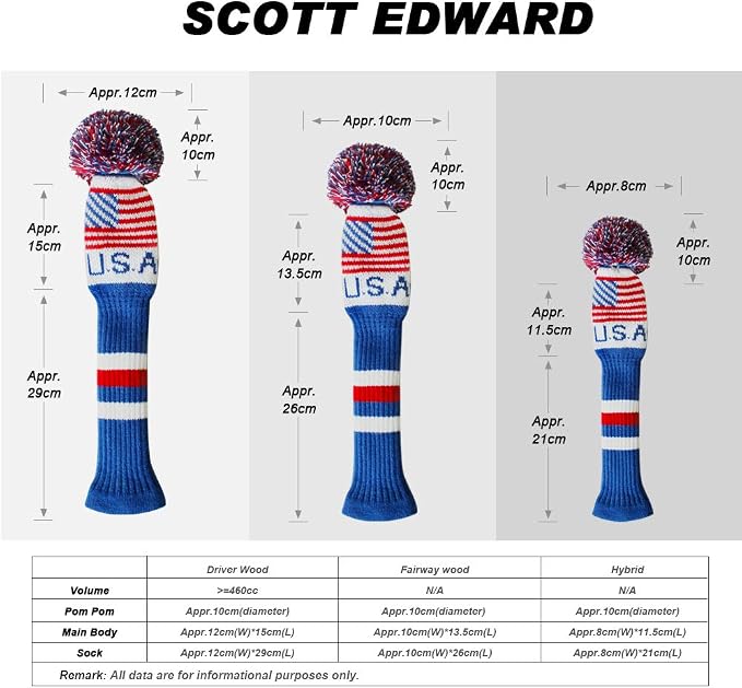 Scott Edward Knit Wood Golf Club Head Covers 4 Pieces Knitted Item Fit Over Well Driver Wood(460cc) Fairway Wood and Hybrid(UT)