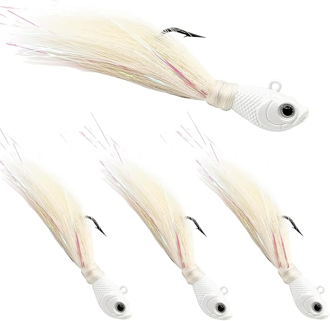 Natufish Bucktail Jigs 3/5Pcs Flash Hair Tail Lifelike Action Saltwater | Fishing Hair Jigs with Natural Deer Hair, 3D Eyes & Sharp Hook Design, Mimic Baitfish Movement 1/4oz-2oz Sizes
