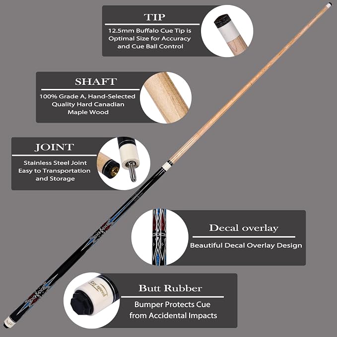 Pool Cue Stick with Hard Case Hardwood Canadian Maple Professional Billiard Pool Stick 58" 2-Pieces 19/20oz Pool Stick Set