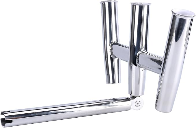 Amarine-made 3 Tube Silver Highly Polished Stainless Steel Trident Outrigger Stylish Rod Holder - Triple Rod Holder , Kite Fishing Mount 3-Rod Holder (Size B)