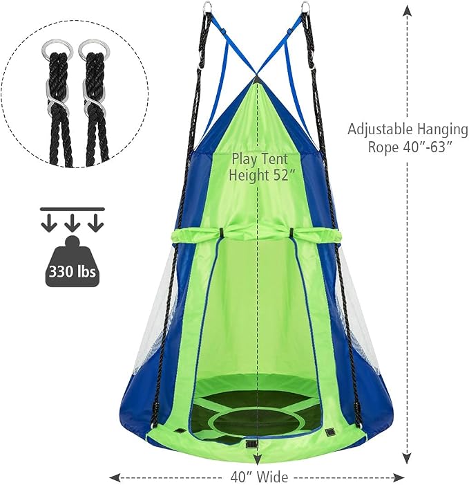 Costzon 2 in 1 Kids Detachable Hanging Chair Swing Tent Set, Hammock Nest Pod Hanging Swing Seat for Boys/Girls, Children Outdoor Indoor Swing Play House with Play Tent, Max Capacity 330 LBS (Green)