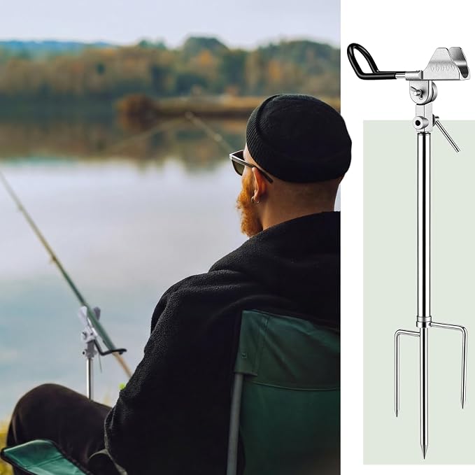 Lounsweer 4 Pcs Fishing Rod Holders 360 ° Adjustable Fishing Pole Holders Multifunctional Stainless Steel Ground Fish Rod Pole Brackets for Detachable Fish Equipment Lakes Rivers Gifts Men