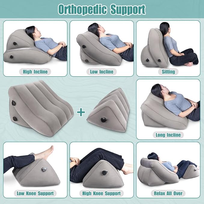 SAHEYER Inflatable Bed Wedge Pillow Set, 2 PCS Post Surgery Support Pillow for Back, Knees, Leg Pain Relief, Adjustable Sitting Pillows for Anti Snoring, Heartburn, GERD Sleeping (Grey)