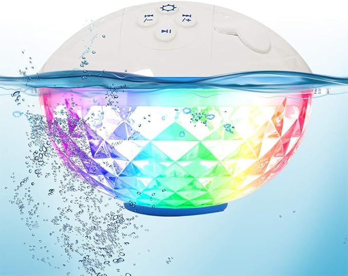 Floating Pool Speaker w/Colorful Lights, Portable Wireless Pool Speaker Bluetooth Waterproof IP68, Built-in Mic & Crystal Clear Sound Floating Hot Tub Speakers for Pools Party Outdoor (White)