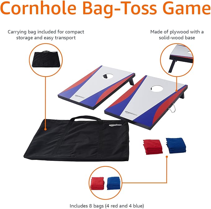 Amazon Basics Portable Cornhole Set, Outdoor Game Bean Bag Toss with Carrying Case, Blue/Red