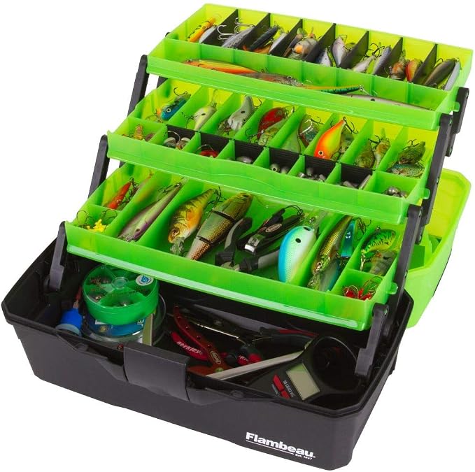 Flambeau Outdoors 6383 3-Tray Tackle Box, 32 Compartments, Frost Green | Cantilever 3-tray box, 32 compartments with 13 removable dividers, bulk base storage, Draw Tite latch, frost green