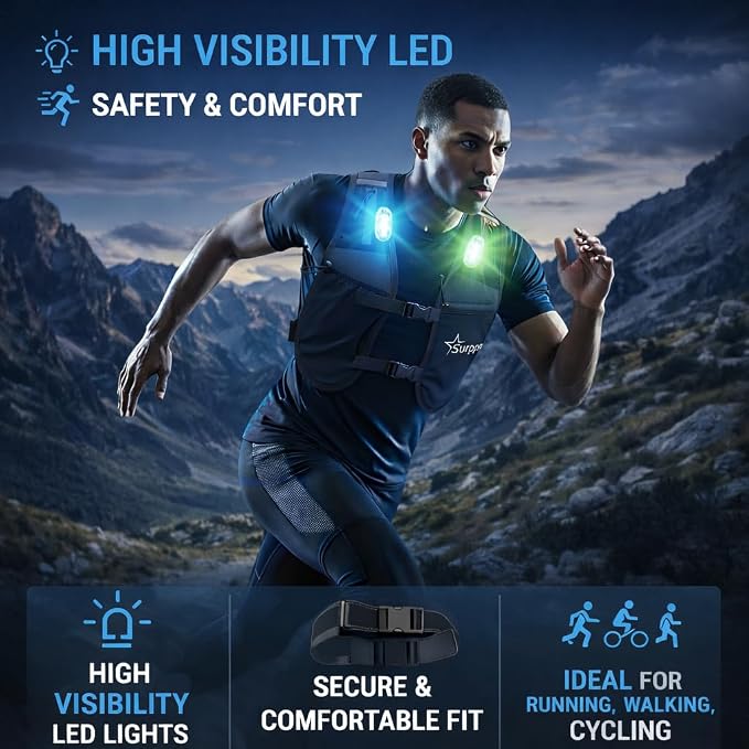 Running Hydration Vest with 3 LED Safety Lights and 500ml Soft Flask, Lightweight Reflective Running Vest for Women Men, Adjustable Chest Straps, Phone Pocket for Marathon Trail Night Running