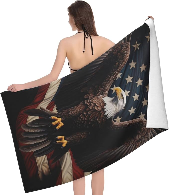 Cute Bird Beach Towel,32x52in,Quick-Dry Sand-Free Bath Towels,Microfiber Lightweight for Travel Pool Yoga Beach Outdoor Activities Decor Accessories Gifts (Eagle and American Flag)
