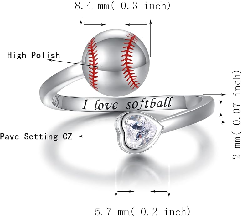 925 Sterling Silver Basketball Softball Baseball Football Tennis Racket Ring Adjustable Sports Jewelry Gifts for Women Player Mom