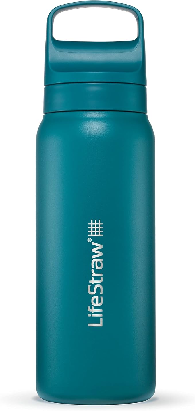 LifeStraw Go Series — Insulated Stainless Steel Water Filter Bottle for Travel and Everyday Use Removes Bacteria, Parasites and Microplastics, Improves Taste, 24 oz, Laguna Teal