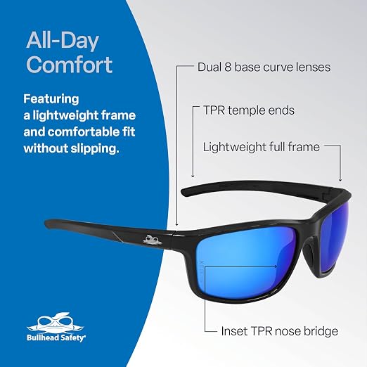 Bullhead Safety Eyewear Pompano Glasses – Anti-Fog, Lightweight, Scratch Resistant, UV Light Blocking Sunglasses for Driving, Golf, Boating, Outdoor Work, Blue Mirror Lens
