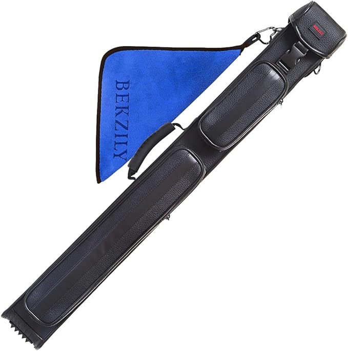 2x3 Billiard Cue Case – Holds 2 Butts & 3 Shafts, PU Leather Exterior, Plastic Buckle Closure, External Accessory Pocket & Towel Hook, Black/Blue/Pink