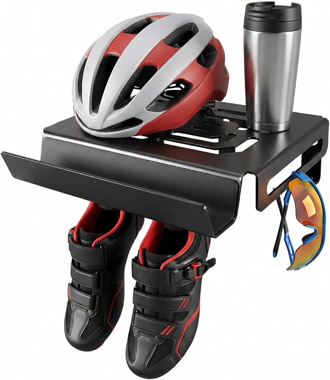 Bike Wall Mount Rack with Shelf and Hooks – Heavy Duty Indoor Bicycle Storage for Road, Mountain and Other Bikes, Space-Saving Wall Hanger for Helmets, Shoes and Accessories