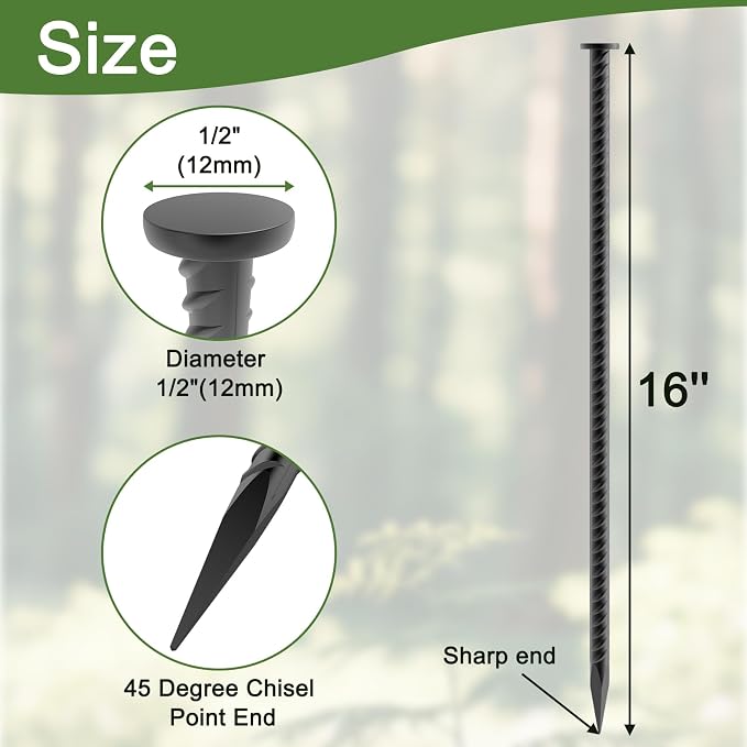 Rebar Spikes 16 Inch 16 Pack, 1/2 Inch Diameter Heavy Duty Rebar Ground Stakes, Galvanized Anchoring Spikes for Speed Bump, Landscape, Parking Curb, Handicap Ramp and Tent