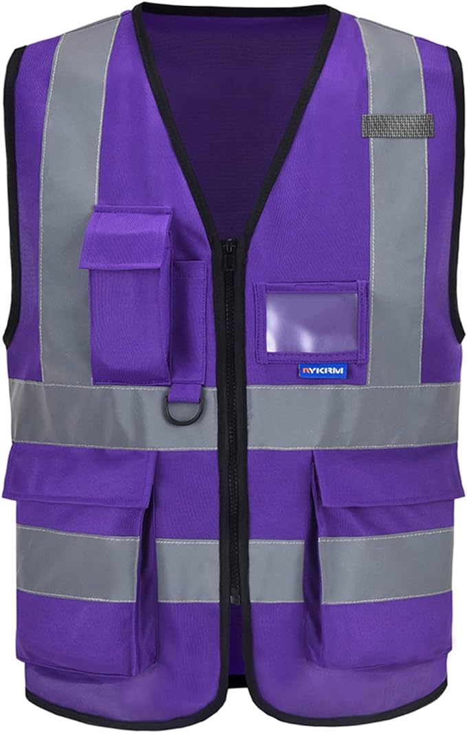 A-SAFETY Purple Reflective Safety Vest - Workwear with 7 Pockets, Hi Vis, Durable, 4 Lower Pockets