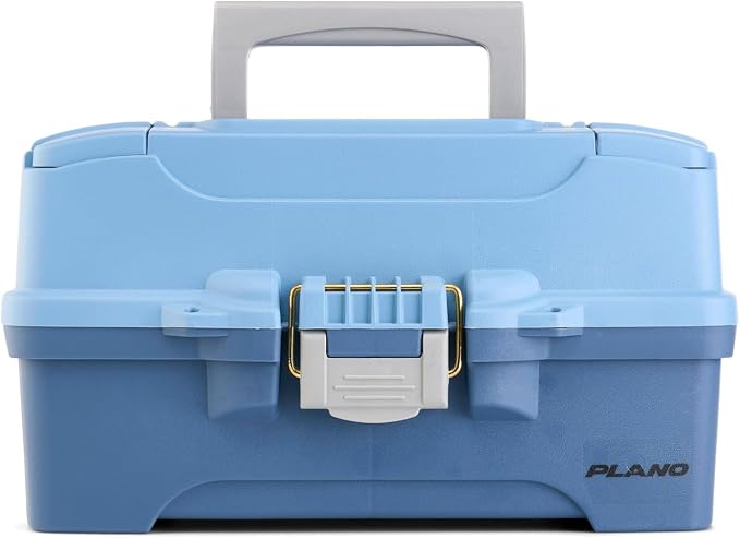 Plano Catch All Two-Tray Tackle Box Kit, Light Blue/Dark Blue, Rust-Proof Brass Latch, Top-Access Tray with Deep Storage, Made in the USA, Portable Fishing Gear Storage Organizer
