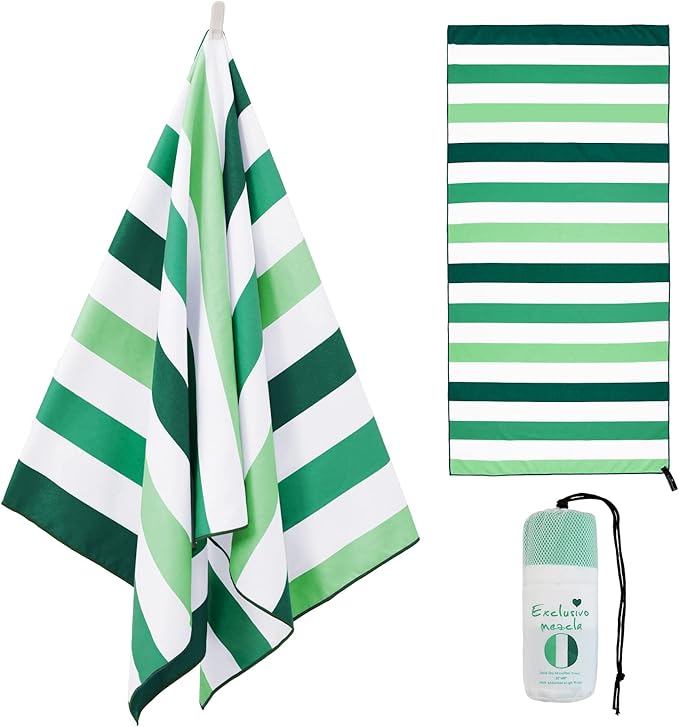 Exclusivo Mezcla Microfiber Quick Dry Beach Towel, Large Lightweight Sandfree Pool Towel for Swimming Camping Travel with Bag (Stripe Forest Green, 30x60 Inches)
