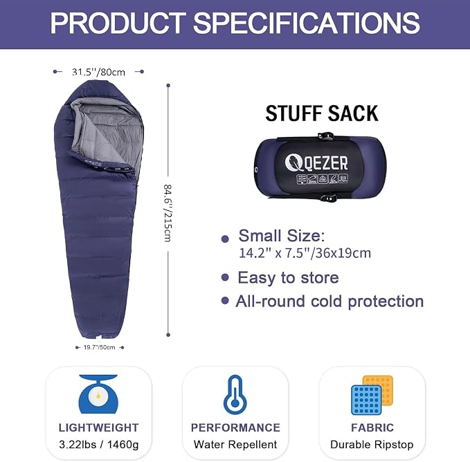 Down Sleeping Bag for Adults, 0°F 10°F 15°F 20°F 600 Fill Power Mummy Lightweight Compact Cold and Warm Weather Backpacking Sleeping Bag for Camping Hiking Outdoor All Seasons