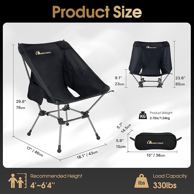 MOON LENCE Portable Camping Chair Plus, Larger & Roomier, Compact and Lightweight, Folding Chair for Backpacking Hiking Beach, Ultralight Camp Chair 330Lbs Capacity (Black)