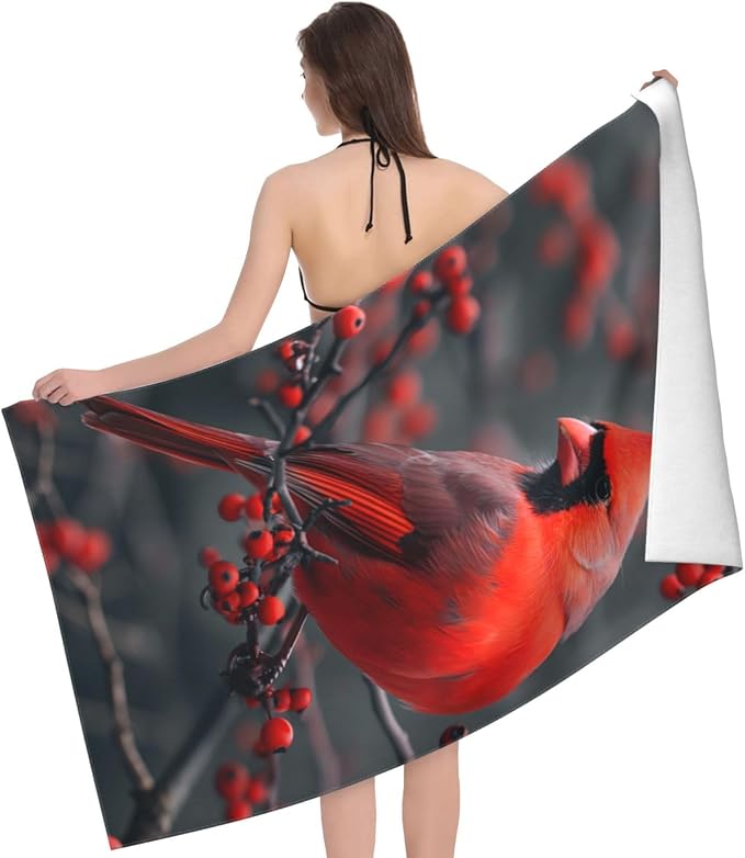 Cute Bird Beach Towel,32x52in,Quick-Dry Sand-Free Bath Towels,Microfiber Lightweight for Travel Pool Yoga Beach Outdoor Activities Decor Accessories Gifts (Red Cardinal)