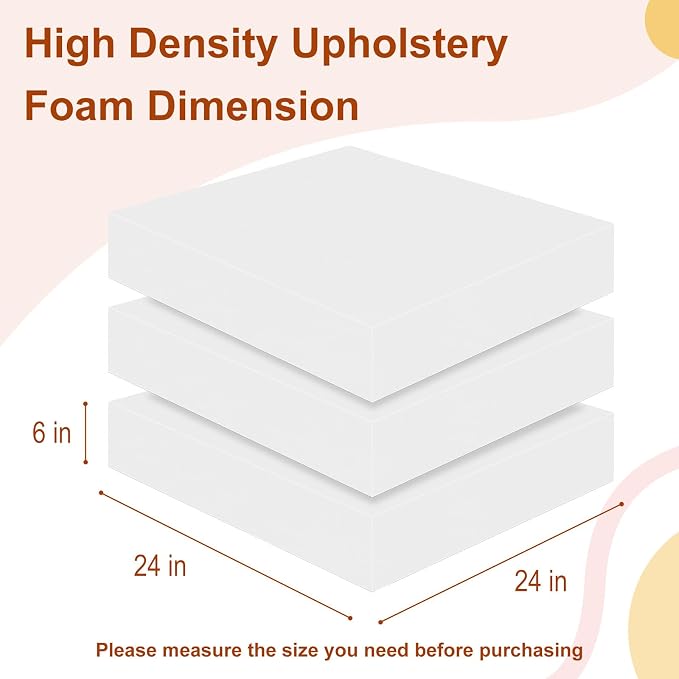 High Density Upholstery Foam 6" X 24" X 24", 3PCS Couch Cushion Replacement - 45D Density 70 ILD (Firm), Square Foam Padding for Chairs, Cut to Size Foam Replacement Cushion for Sofa Chair Bench