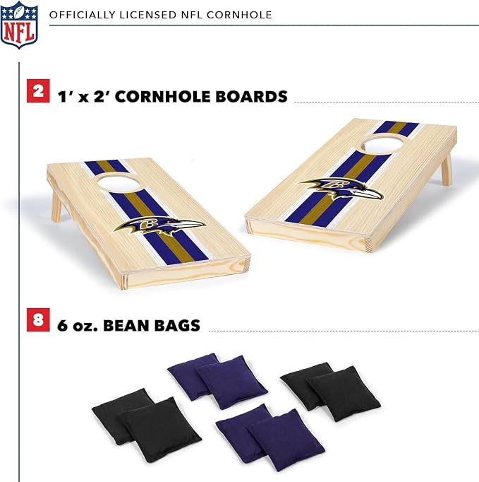 NFL Football Portable Size 1' x 2' Solid Wood Cornhole Set with Direct Print HD Team Graphics – Travel Size