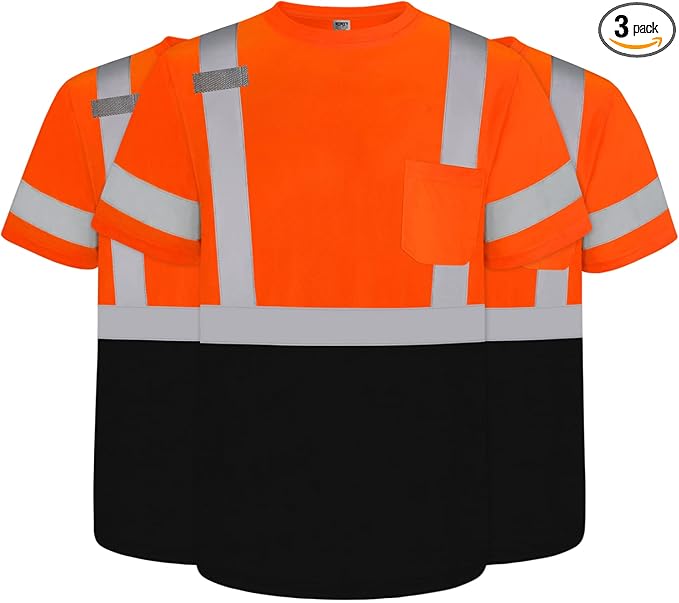 TCCFCCT Safety Shirts for Men Class 3 High Visibility Shirts with Pocket, Hi Vis Reflective Shirts for Men Women, Short Sleeve Construction Work Shirts with Black Bottom, Durable, DP-Orange S 3PCS