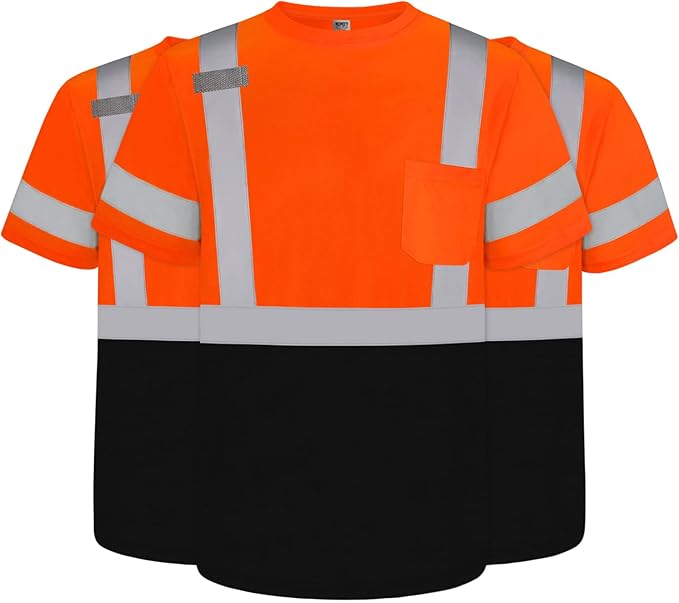 TCCFCCT Reflective Shirts Class 2 High Visibility Shirts for Men, Hi Vis Safety Shirts for Men Women, Short Sleeve Construction Work Shirts with Black Bottom, Breathable DP-Orange XXL 3PCS