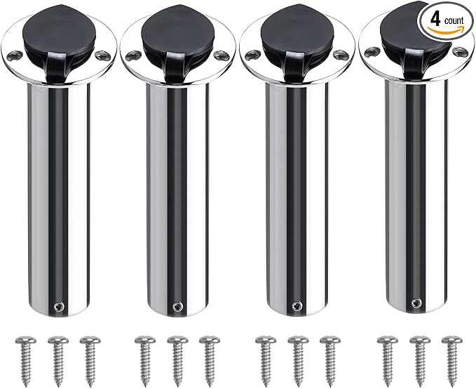 NovelBee 4pcs Fishing Rod Holders with Rubber Cap and Mounting Screws,15 Degree Stainless Steel Flush Mount Rod Holder for Fishing Boat