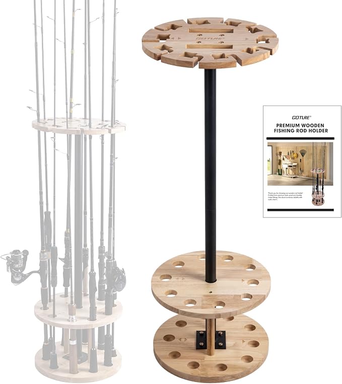 Goture Round Fishing Rod Holders for Garage, Floor Stand Holds up to 10 Rods, 2 Built-in Grooves, Solid Rubber Wood Fishing Gear Equipment Storage Organizer, Ideal Fishing Gift for Men Women