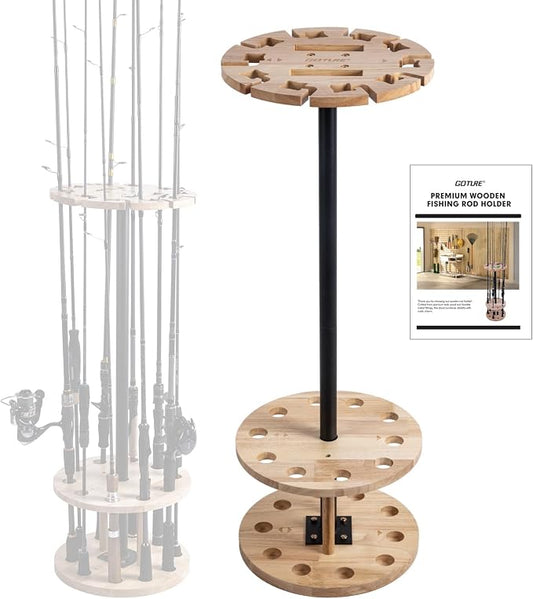Goture Round Fishing Rod Holders for Garage, Floor Stand Holds up to 10 Rods, 2 Built-in Grooves, Solid Rubber Wood Fishing Gear Equipment Storage Organizer, Ideal Fishing Gift for Men Women