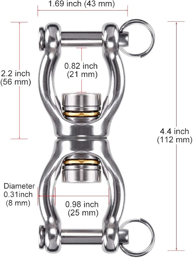 Dolibest SUS304 Silent Bearing Swing Swivel, Tire Swing Swivel with 2 Removeable Buckle for Web Tree Swing, Aerial Dance, Swing Yoga Swing Sets, 770LB Capacity