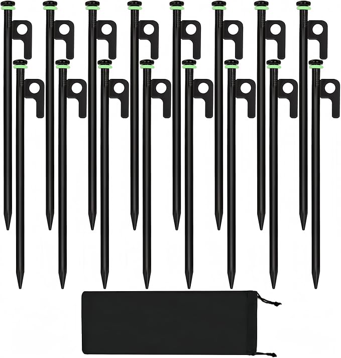 16Pcs Tent Stakes, 12in Heavy Duty Tent Stakes with Storage Pouch, Dia. 0.35" Forged Steel Stakes for Tent Used on Rocks, Grassland, Snowfield(16Pcs 12in Stakes)