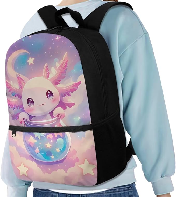 Axolotl Backpack for Girls School Bookbag with Lunch Box Pencil Case Water Bottle Holder 4 PCS Elementary Schoolbag Set Back to School Supplies 17 Inch Rucksack Daypack