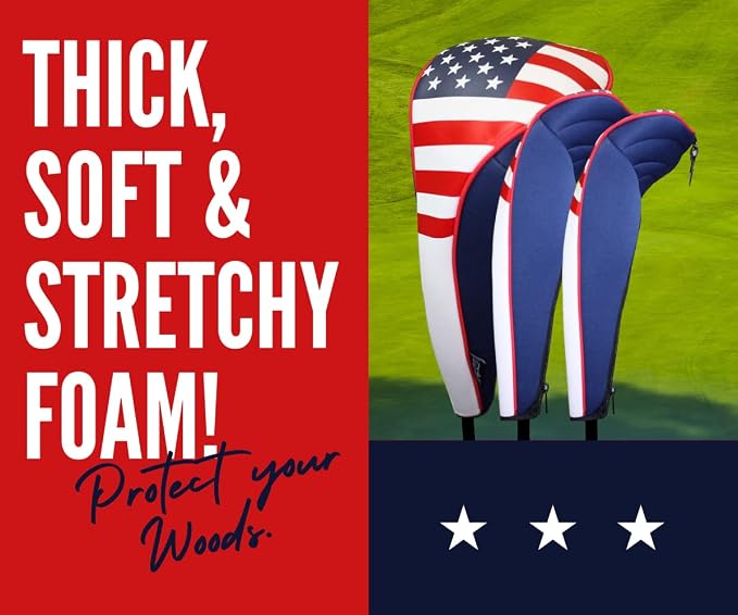 USA Patriot Golf Zipper Head Covers Driver 1 3 5 Fairway Woods Headcovers U.S.A Neoprene Style Patriotic Driver Fits All Fairway Clubs and Drivers up to 460cc