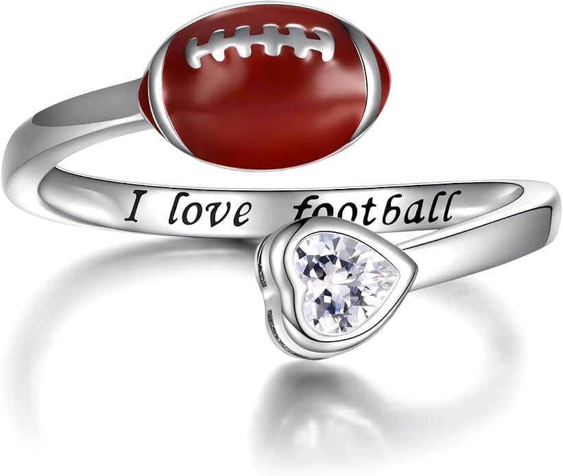 925 Sterling Silver Basketball Softball Baseball Football Tennis Racket Ring Adjustable Sports Jewelry Gifts for Women Player Mom