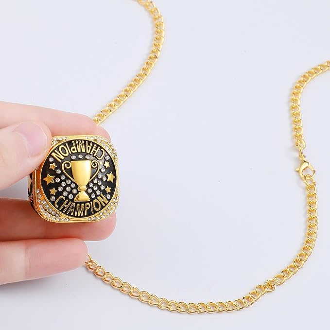 Highergo 1 PC Champion Mvp Rings Baseball Soccer Basketball Volleyball Football Softball Trophy Ring with Display Stand and Neck Chain Size 11 for Winner Tournament Award Gift(Baseball)