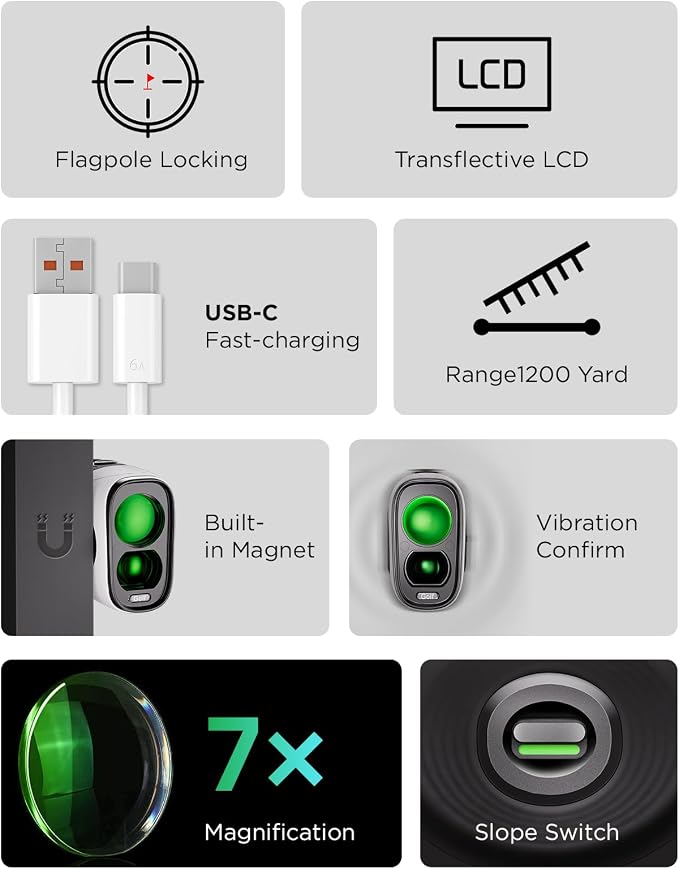 Golf Rangefinder with Slope, 1200Y Laser Range Finder for Golf, 7X Magnification, Flag Lock with Vibration, Magnetic Cart Mount, Ultra-Clear Display, USB-C Rechargeable, Waterproof
