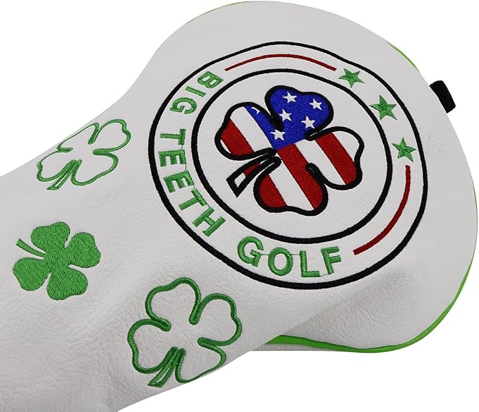 Big Teeth Golf Cover Lucky Clover Headcover Covers, Driver Fairway Wood Hybrid Headcovers Fits Blade Mallet Putter Iron and Woods with Magnetic White Shamrock Head Club Protector Leather