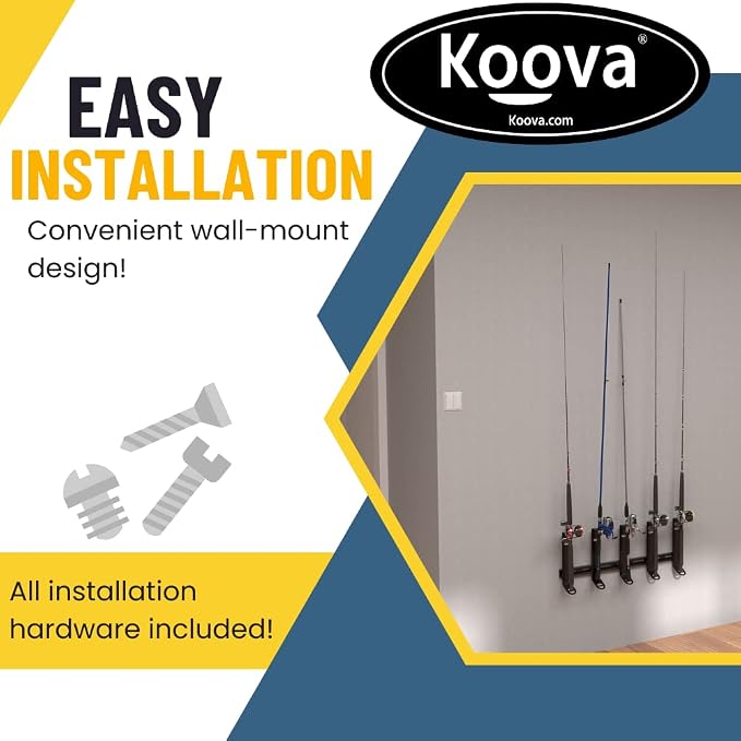 Koova Wall Mount Fishing Rod Holders & Reel Storage | Sturdy Fishing Pole Holders | Steel Rack Fishing Organizers and Storager