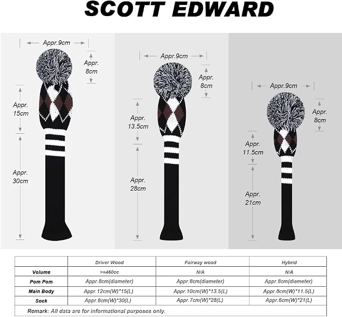 Scott Edward Knit Golf Club Cover with a Pom Set of 5 Head Covers Protect Driver Wood(460cc) 1 Fairway Wood2 and Hybrid/UT2 with Rotating Club Number Tags