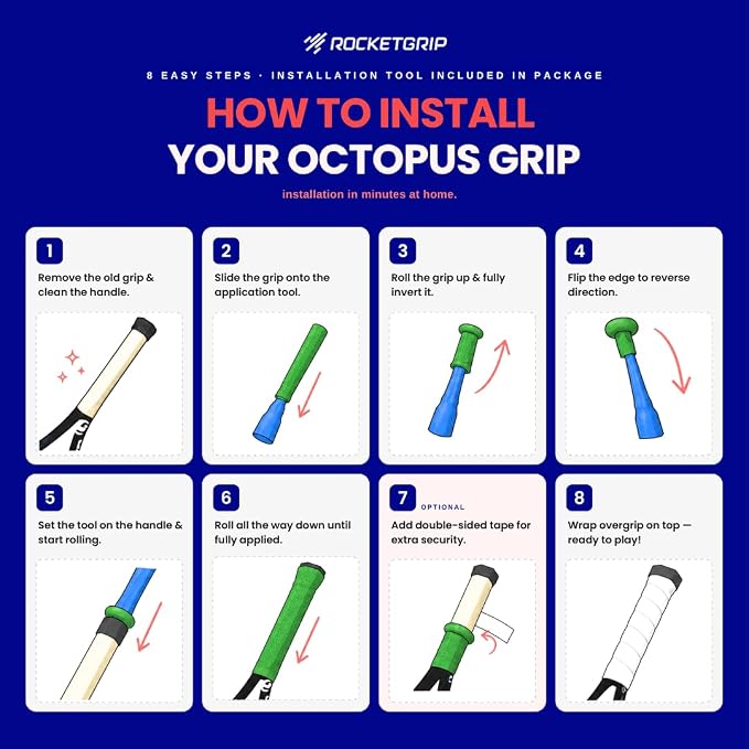 ROCKETGRIP Octopus Pickleball Paddle Grip with Applicator – Soft Silicone Grip for Pickleball Paddles – Cushioned, Sweat-Resistant Fit – Vibration Dampening Pickleball Accessories (Orange)