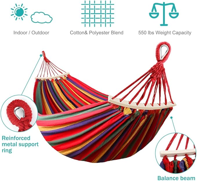 MOSFiATA Hammocks Portable Camping Hammock Upgraded 550lb Comfortable Fabric Hammock with Two Anti Roll Balance Beam and Sturdy Tree Straps for Camping, Patio, Backyard, Outdoor (Colorful Stripe)