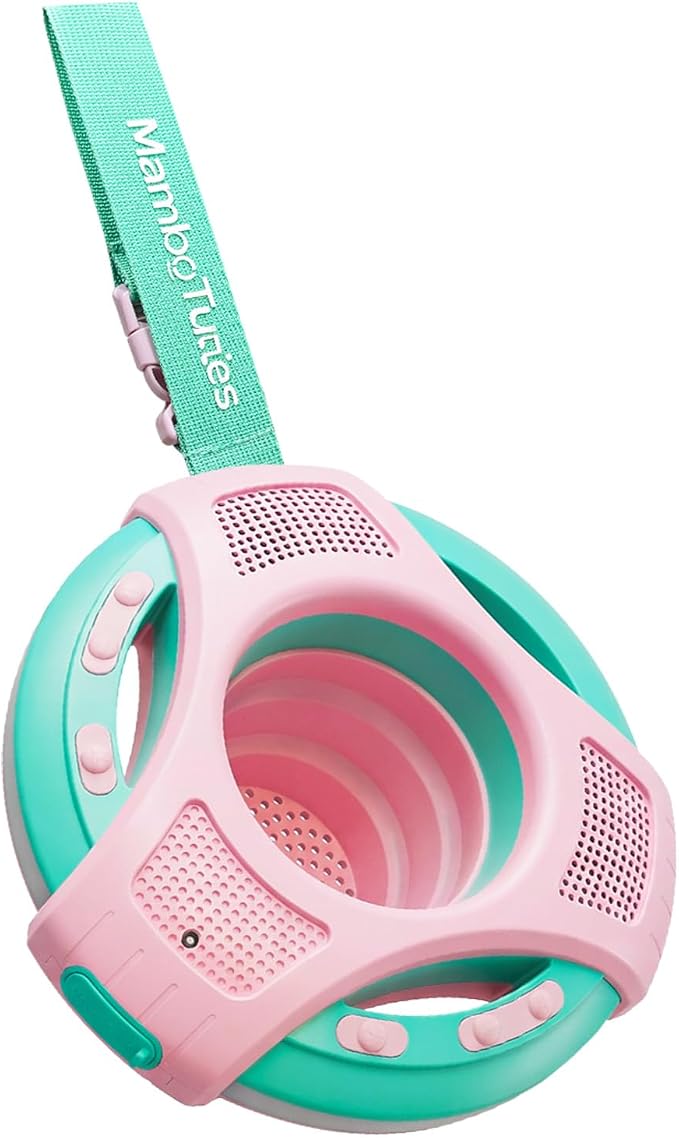 Mambobaby Float Bluetooth Speaker with Foldable Cup Holder, IPX7 Waterproof Bathroom Speaker, 360° Surround Sound, Colorful LED Lights, Dual Speakers, Ideal for Pool, Beach & Outdoor Use-Pink Green