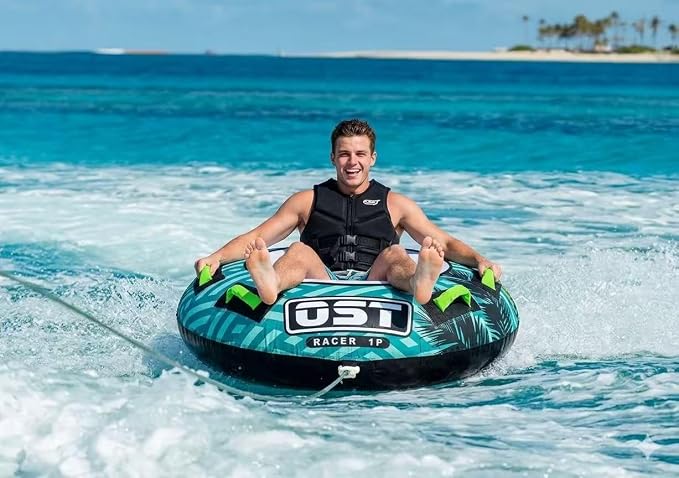 1 Person Towable Tube for Boating, Inflatable Water Tube with Heavy-Duty PVC & Nylon Cover, 4 Grip Handles, Quick Connect Tow System, Durable Water Sports Tube for Adults & Teens