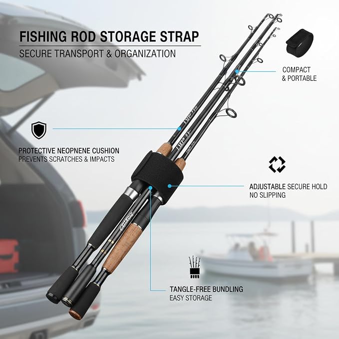 Neoprene Fishing Rod Strap - Secure Bundling Sleeve for Transport & Storage, Black
