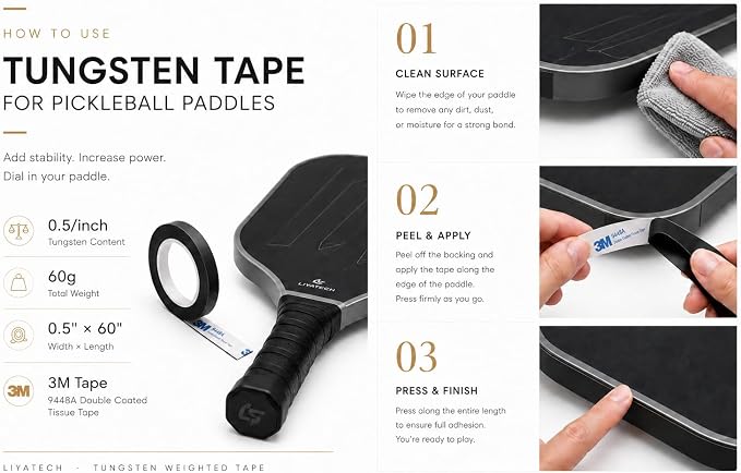 LiyaTech Tungsten Weighted Tape for Pickleball Paddles, 0.5" x 60" Roll — Lead-Free Lead Tape Alternative with High-Tack Adhesive Backing