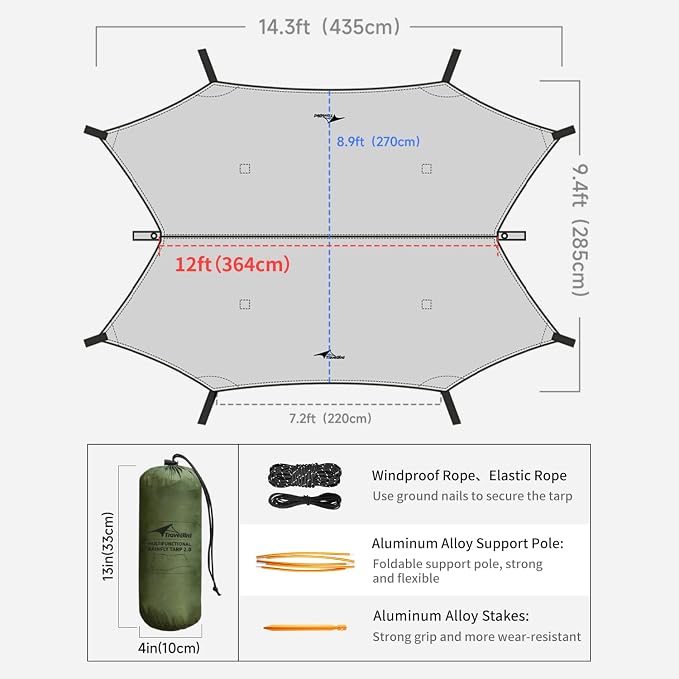 14ft Hammock Rain Fly Lightweight Waterproof Camping Tent Tarp with Doors and Dual Support Poles, Bushcraft Tarp Shelter for Backpacking Hiking Camping