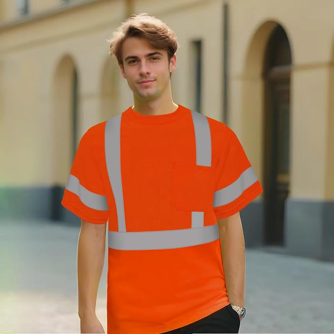 TCCFCCT Safety Shirts for Men Class 3 High Visibility Shirt, Hi Vis Reflective Shirts for Men Women, Short Sleeve Construction Work Shirts for Men, Durable & Breathable,DC-Orange S 3PCS
